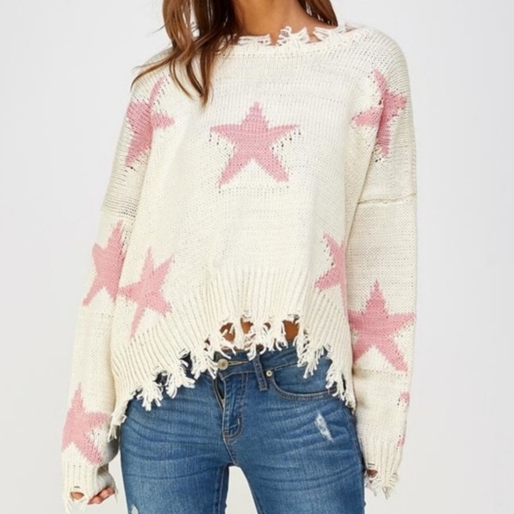 Storia Sweaters - Storia Star Sweater Distressed Fringe Ivory Pink Oversized Boho Beachy